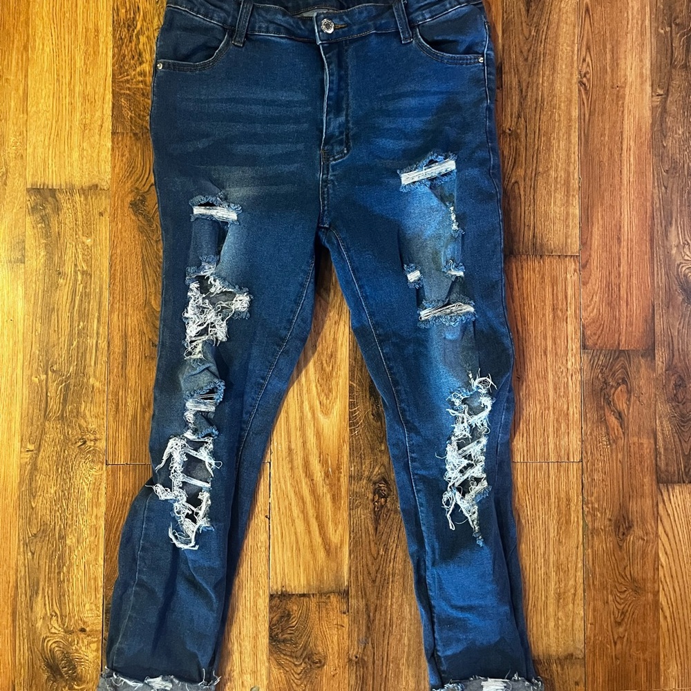 SHEIN Dark Blue Distressed Ripped Jeggings